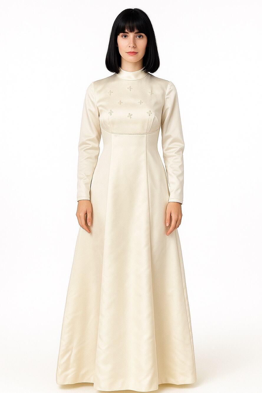 1970s Satin High Neck Long Sleeve Wedding Gown with detachable Train small